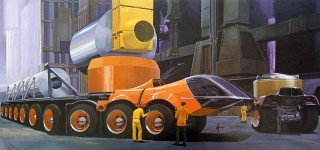 Large truck man standing giant - syd mead. free wallpaper