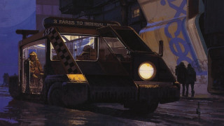 Truck checkered man city street - syd mead. free wallpaper