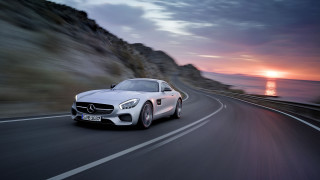 White car cliff sunset road - motion blur free wallpaper