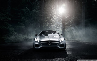 Mercedes sports car forest night 3 - the hood of the car free wallpaper for desktop