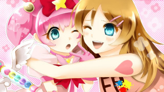 Anime girls hugging pink background 5 - pop surrealism free wallpaper