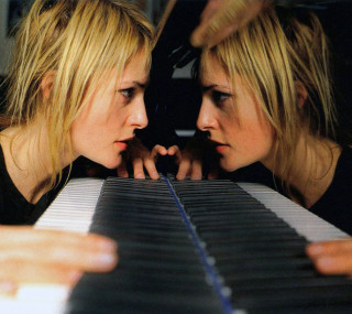 Two women looking piano keyboard - stuckism free wallpaper for tablet