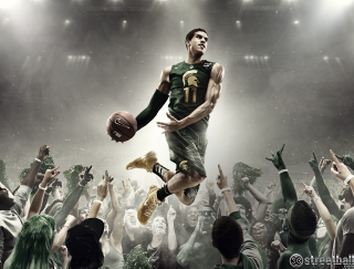 Man jumping basketball crowd action - a basketball free wallpaper