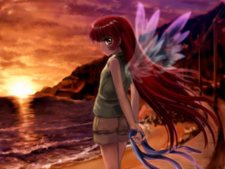 Girl red hair wings beach - over her free wallpaper for desktop