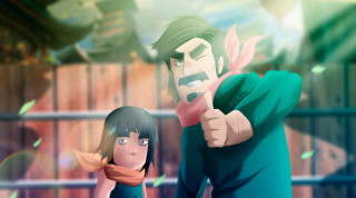 Cartoon character girl pointing air - a blurry background of a building free wallpaper