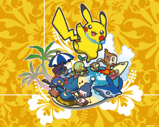 Group surfing yellow background pikachu - a cartoon pikachu free wallpaper