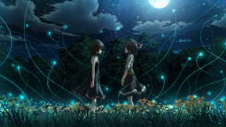 Anime girls field night full 2 - a full moon in the sky free wallpaper for desktop