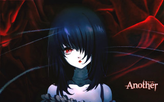 Girl red eyes gothic portrait - a red background behind her free wallpaper