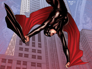 Flying superheroine cityscape cape masked - a red cape free wallpaper for desktop