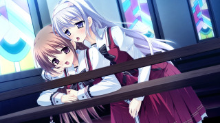 Anime girls hugging stained glass - a wooden bench free wallpaper