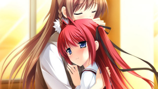 Anime girls hugging long hair 2 - red hair free wallpaper