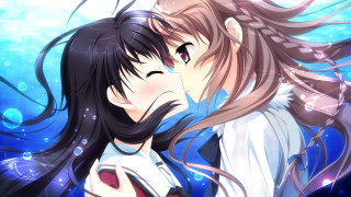 Anime couple kissing blue background - bubble free wallpaper for desktop