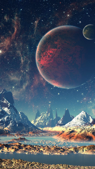 Planet mountains lake star filled - a planet free wallpaper for mobile