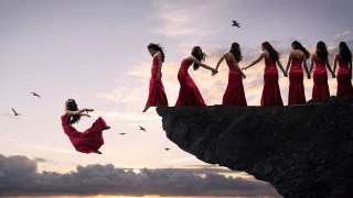 Woman red dress jumping cliff - red dress free wallpaper