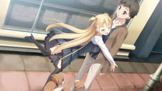 Anime characters sidewalk dog couple - a sidewalk free wallpaper for desktop