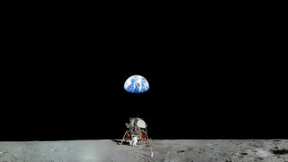 Man on moon blue earth - free space wallpaper