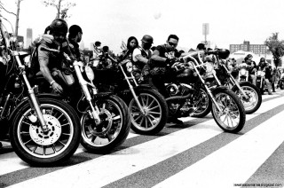 Motorcycles group crosswalk sky background - 1 9 7 0 s free wallpaper