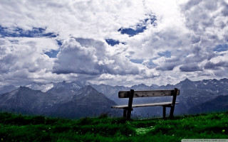 Bench hillside cloudy sky mountains - a bench free wallpaper for desktop