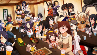 Anime girls table drinks food 3 - a group of anime girls sitting free wallpaper