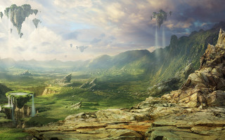 Mountain landscape waterfall cloudy sky - a painting of a mountain landscape free wallpaper for desktop