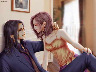 Anime couple sitting room picture - the wall behind them free wallpaper