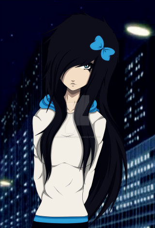Girl long black hair blue - anime style free wallpaper for mobile