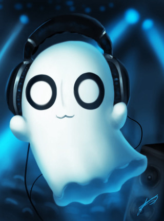 Ghost headphones microphone blue background - free halloween wallpaper for mobile