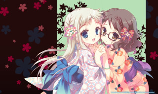 Anime girls hugging flowers green - a green background behind them free wallpaper
