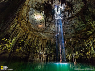 Man suspended rope cave waterfall - aquirax uno free wallpaper