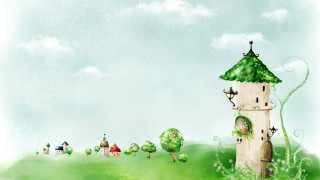 Green castle bird roof tree - storybook illustration free wallpaper