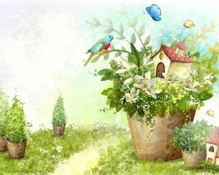 Potted plant bird house flying - plant free wallpaper