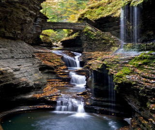 Waterfall bridge river fall leaves - a river below free wallpaper