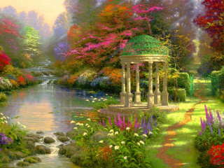 Garden gazebo flowers stream painting - a painting of a garden free wallpaper