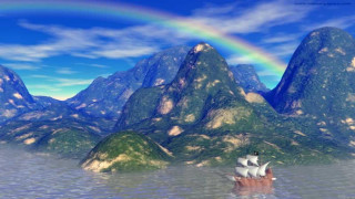 Boat ocean rainbow mountains background - bob ross free wallpaper for desktop