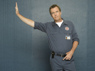 Man blue uniform pointing wall - his hand out free wallpaper for desktop