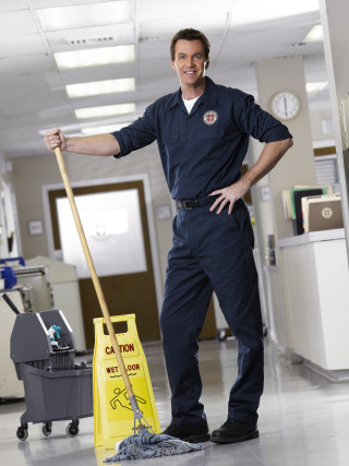 Man blue uniform cleaning floor - a floor free wallpaper for mobile