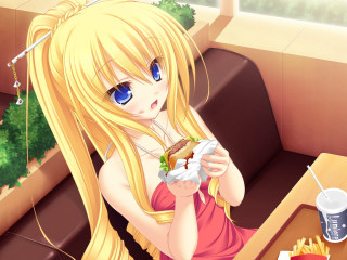 Blonde girl eating sandwich restaurant - a blonde free wallpaper