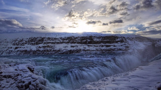 Waterfall snow clouds sunshine sky - wide len free wallpaper