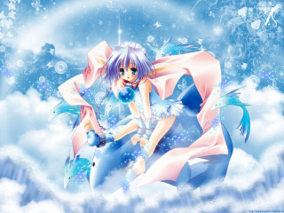 Girl pink dress flying blue - a blue ball free wallpaper