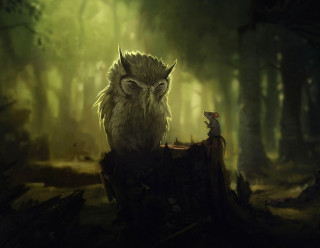 Owl mouse forest trees grass - storybook illustration free wallpaper for desktop
