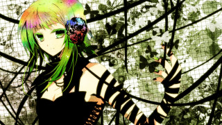 Green hair gothic anime flower - a black dress holding free wallpaper