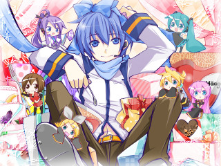 Anime characters group sitting bed - a bed together free wallpaper