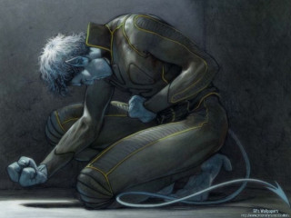 Kneeling man blue skin white - a hose free wallpaper for desktop