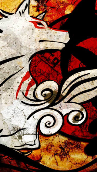 Wolf red background white tail - a black outline free wallpaper