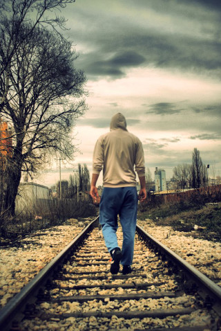 Man walking train track tree - stuckism free wallpaper for mobile