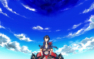 Anime character sitting giant object - blue sky free wallpaper for desktop