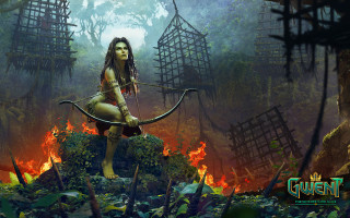 Woman forest fire ladder bow - behind her free wallpaper