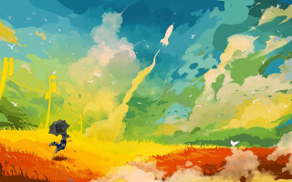 Umbrella field flower sky autumn - a painting of a person holding free wallpaper for desktop