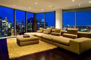 Living room large couch city - ambient lighting free wallpaper