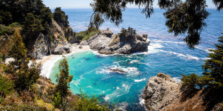 Beach blue water trees rocks 2 - a blue body of water free wallpaper for desktop